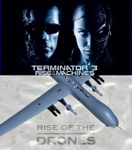 Terminator 3: Rise of the Machines movie poster above a photo of a drone with Rise of the Drones written on it.