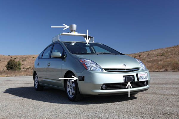 Photo of a light green metallic colored car with arrows pointing to sensors and cameras.