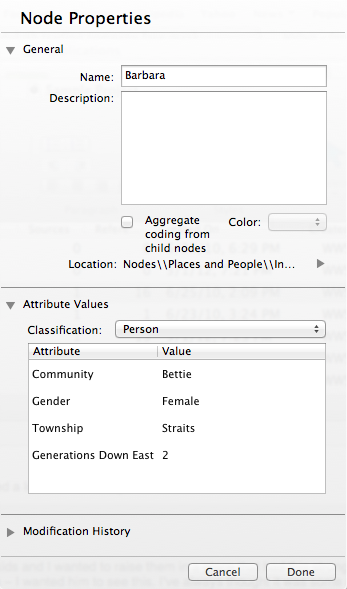 Screenshot on the NVIVO node properties interface.