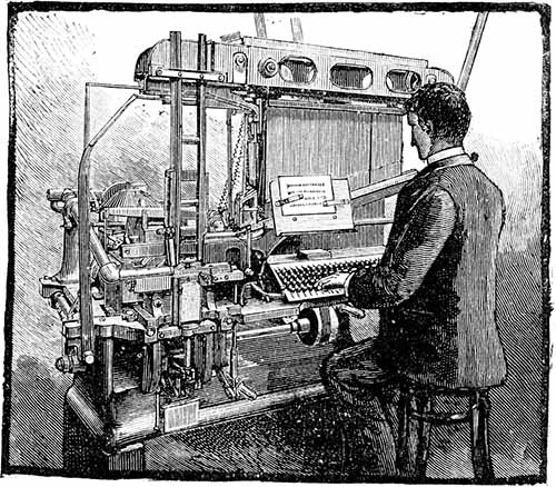 Engraving of a typesetter Blower, forerunner of the Linotype. Scanned by Frédéric Bisson. From New Universal illustrated encyclopaedia, supplement and biographical dictionary, sixth volume, J. Trousset. Public domain.