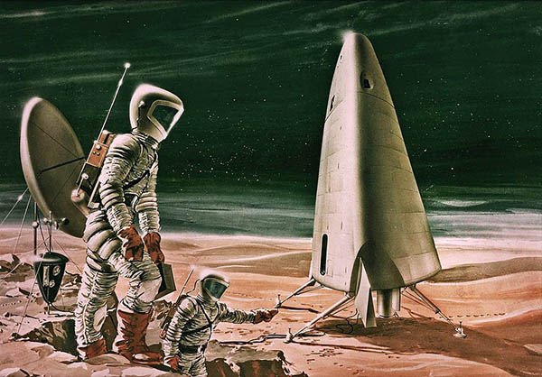 Illustration of a space ship, satellite, and astronauts on Mars.