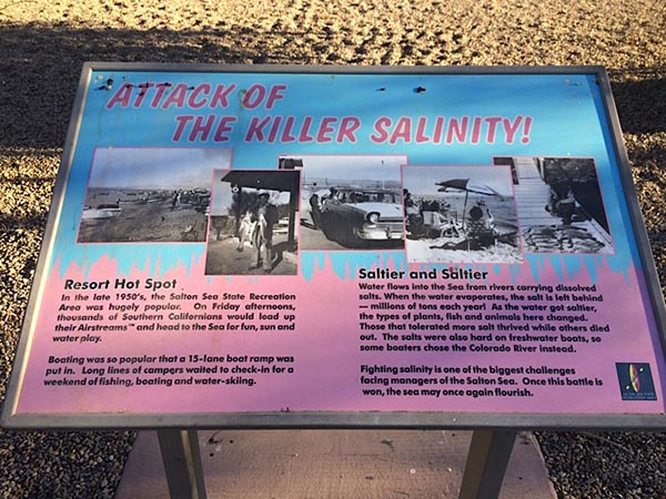 A placard at the Salton Sea State Recreation Area explains the transformation from “resort hot spot” to salt lake.