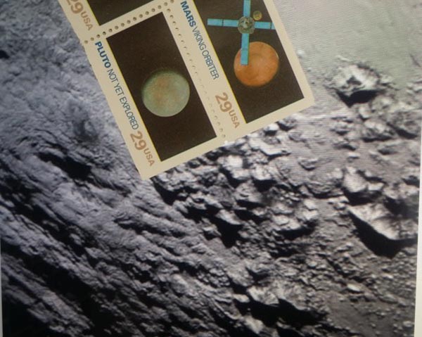 stamp from 1992 held up alongside an image returned from New Horizons of the surface of Pluto