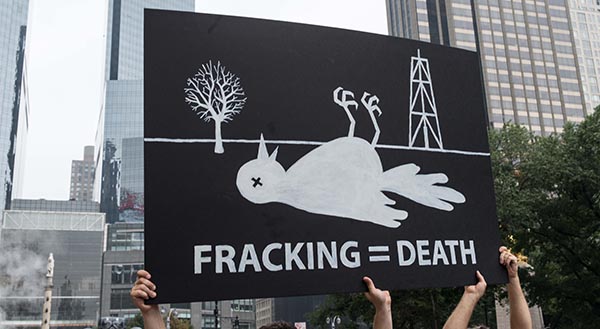 Photograph of a protest sign being held up that says "Fracking = Death" with a dead bird and fracking tower above it.