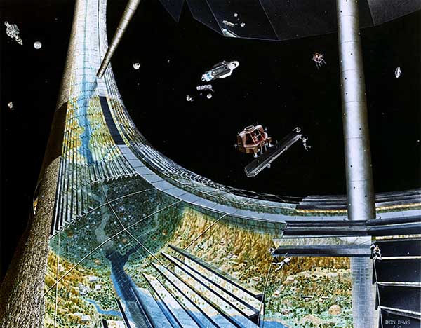 Artists depiction of a space colony tube in the shape of a ring inside the tube are rivers, forests and mirrors.