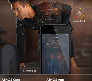 Banner ad for ATHOS Core and ATHOS App; a picture of a runner and an iPhone showing the app.