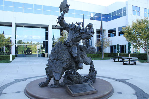 Image of a large fantasy statue in front of Blizzard Entertainment headquarters.