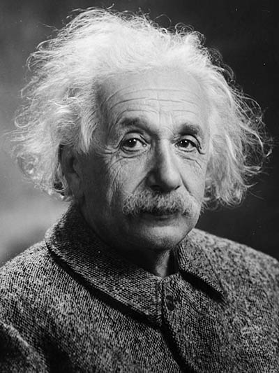 A black and white portrait of Albert Einstein
