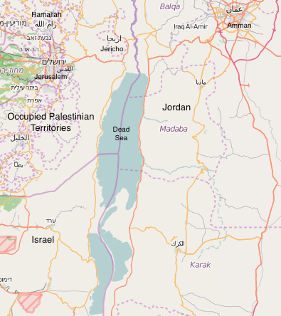 Map of the Dead Sea and its international borders between the West Bank, Israel, and Jordan. 