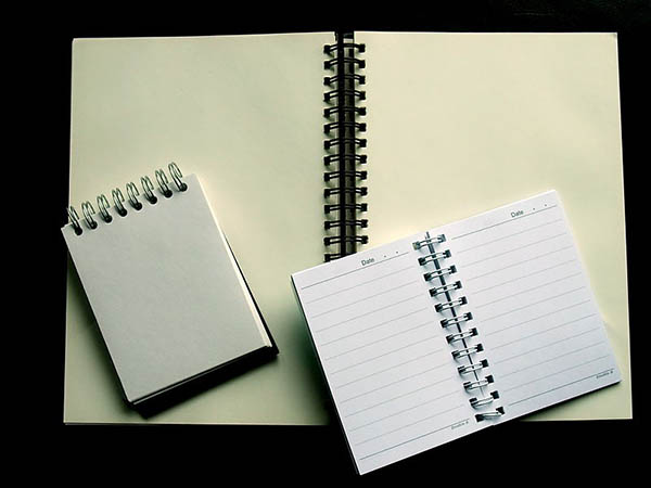 Three open spiral notebooks of varying sizes, all blank.