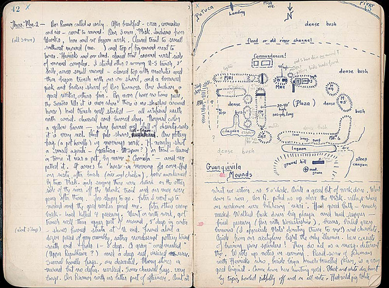 Two facing pages from a handwritten diary, in blue ink, with diagrams on the right upper half.