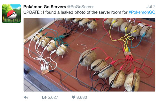 Screenshot of a Pokemon Go Servers @PoGoServer tweet with an image of potatoes wired together and the sentence "UPDATE: I found a leaked photo of the server room for #PokemonGO". Dated July 7 with 5,627 retweets and 8680 likes.