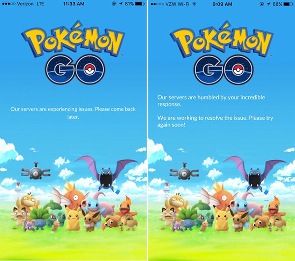 Two screenshots of the PokemonGO loading screen. The left says "Our servers are experiencing issues. Please come back later." The right says "Our servers are humbled by your incredible response. We are working to resolve the issue. Please try again soon!"