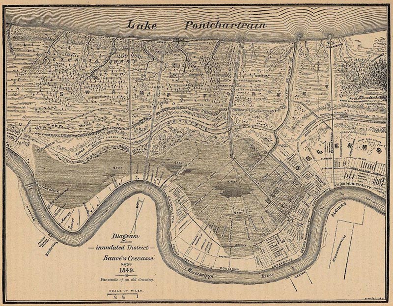 Antique map with line drawing of Lake Pontchatrain at the top and a river at the bottom. With the waterways and ingrastructure drawn between.