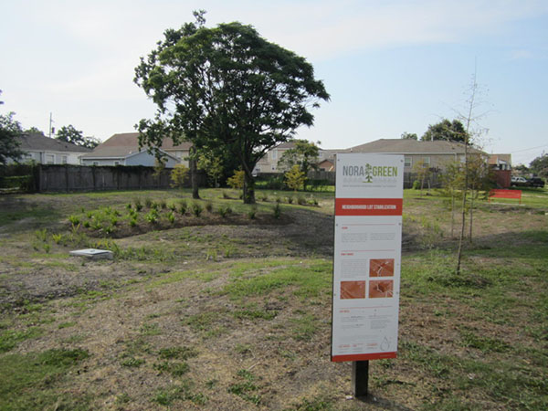 A grassy area in the foreground, with some bald spots, and a tall red and white poster on a signpost in front which reads "Nora Green." In the background, a leafy green tree, a fence, and some low houses or buildings.