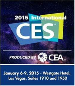 Image of a banner ad for CES reading: 2015 International CES; PRODUCED BY CEA; January 6-9, 2015 - Westgate Hotel, Las Vegas, Suites 1910 and 1950. Dark background with what looks like stars and nebulae.