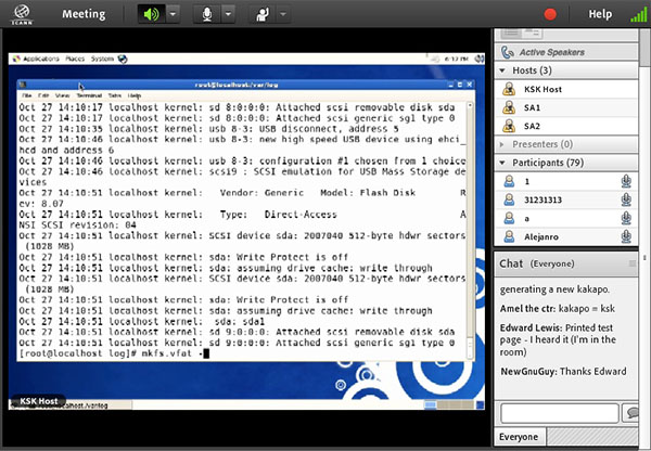 Screen shot of a black on white command-line terminal, in a blue window, nested in a larger black window. On the right are windows showing the participants in an online chat.