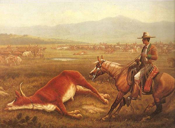 Painting of vaqueros rounding up cattle in 1830s Spanish California