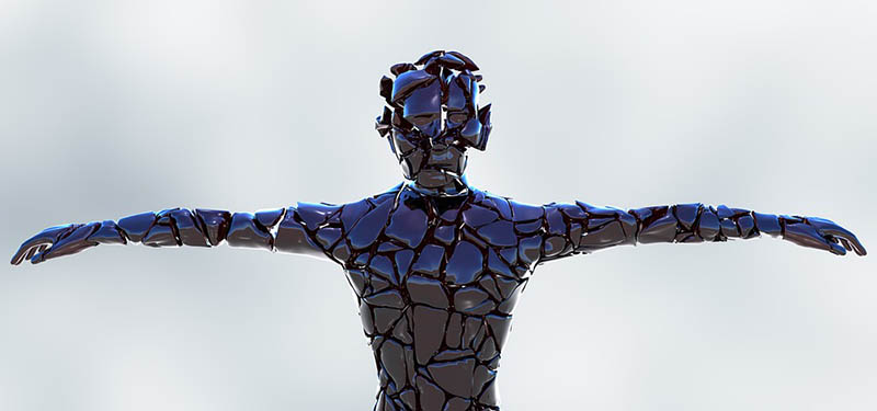 Computer-generated image of a figure from the waist up with the arms outstretched to the side. The surface of the sculpture is broken apart and the peices around the head are hovering slightly away from the head area.