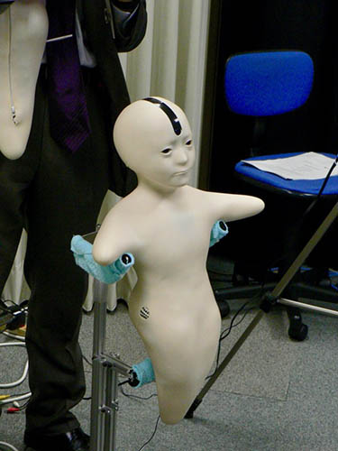 A robot with a human face, but arms that end in soft stubs rather than hands, and instead of legs a ghost-like tail, propped up in an armature. 