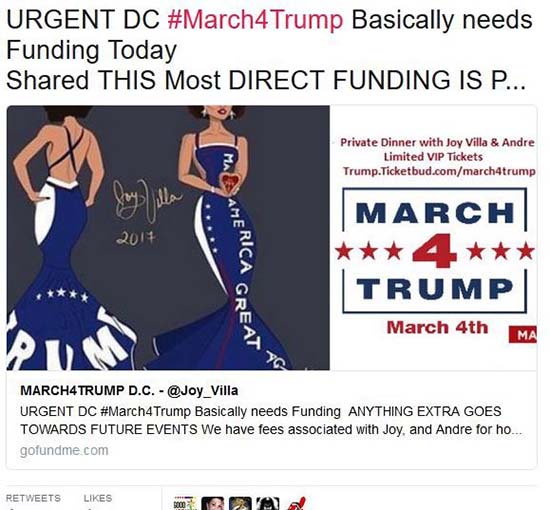 A tweet announcing "URGENT DC #March4Trump Basically Needs Funding ANYTHING EXTRA GOES TOWARDS FUTURE EVENTS