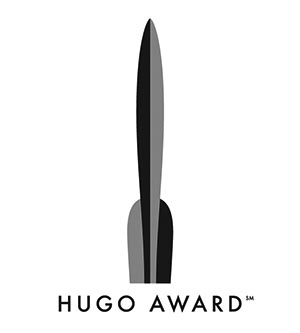 An image of the Hugo Award logo, depicting a stylized two-tone rocket standing above the words "Hugo Award."