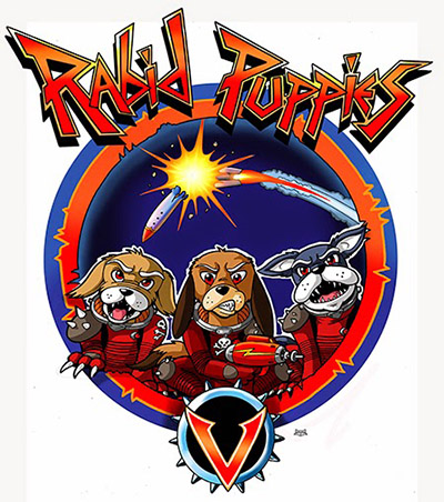 The Rabid Puppies logo, featuring three angry, presumably rabid puppies in sci-fi outfits holding ray guns, while a rocket similar to the one in the Hugo Award logo explodes in the background.