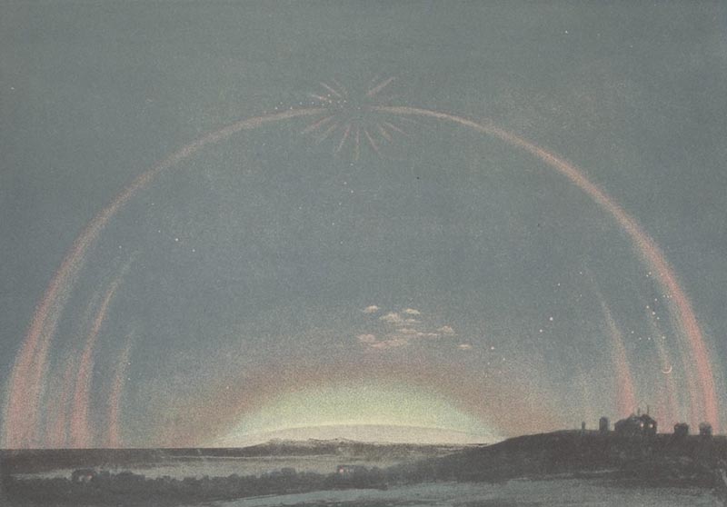 An artistic rendering of an aurora. A central meniscus of blue light hovers over a distant horizon, encircled by concentric golden semi-circles of light.