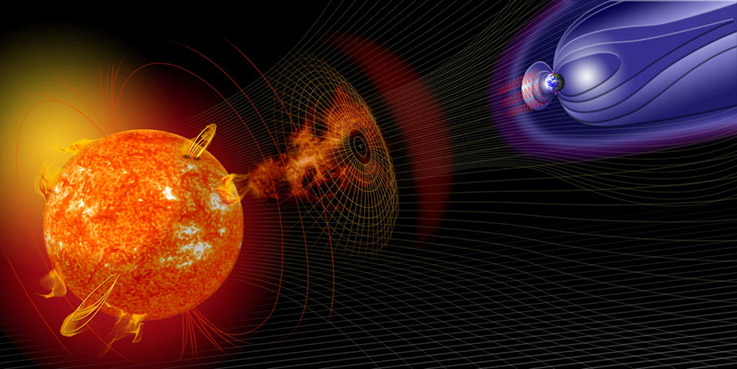 An artistic rendering of the magnetic fields of the earth and the sun during a solar mass ejection event