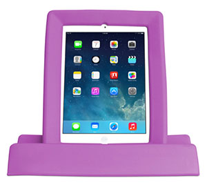An upright iPad resting in a bulky, pink plastic case that encircles it like a frame, and has a wide base to support it. 