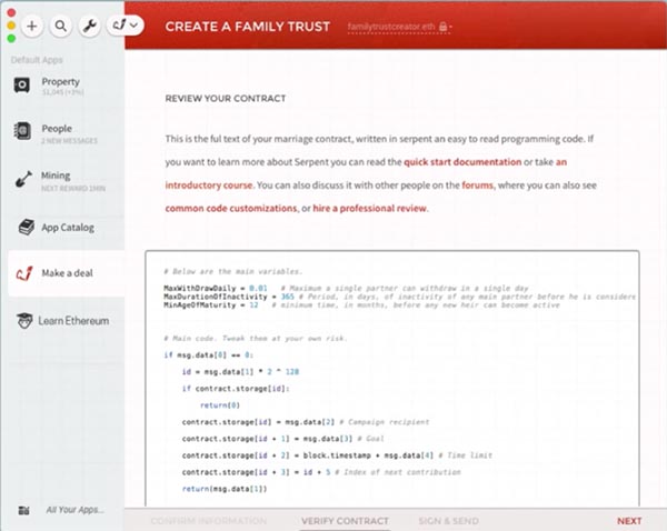 Screenshot. The heading says "Create a family trust". Below this is a "review your contract" section.