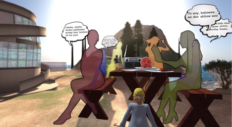 The image is as described in the text: a young girl with blonde hair sits under a picnic table. Adults sit at the table above her and speech bubbles filled with gibberish are drawn as coming from their mouths. The picnic table is placed in a beach-like setting but beside an round, office building with glass windows.