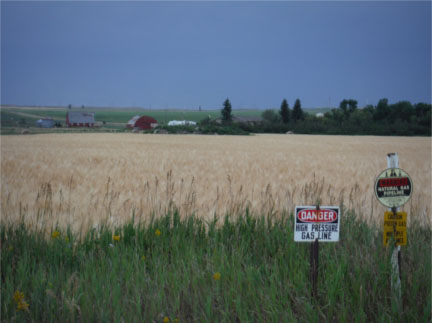 “Pipeline markers at the edge of a wheat field. A rotaflex-style pump, a tank battery, a workover rig, and a drilling rig are all visible on the horizon.”