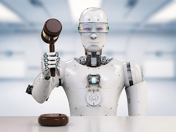 Rendering of a white humanoid robot seated holding a judge's gavel.