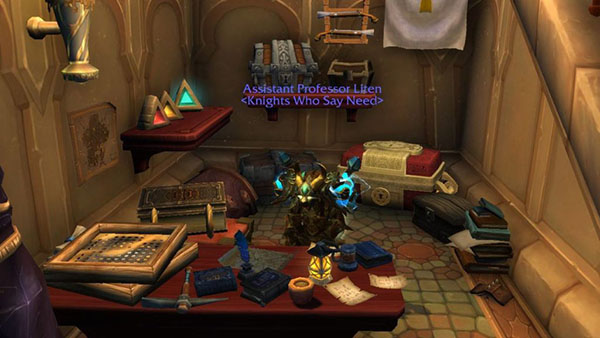 Screenshot of World of Warcraft. In the center is a figure with the title Assistant Professor Liten <Knights Who Say Need> above its head. The room contains shelves of chests, archaeology screens, artifacts and books.