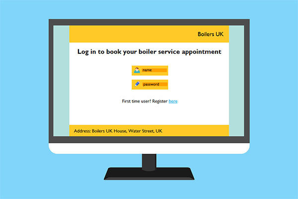 Figure of a computer display showing an online appointment screen with instructions to "Log in to book your boiler service appointment", and spaces to enter a user name and password.