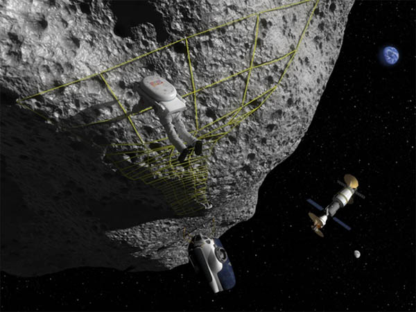 Rendering of an astronaut holding onto netting on an asteroid. There is a satellite in the distance.