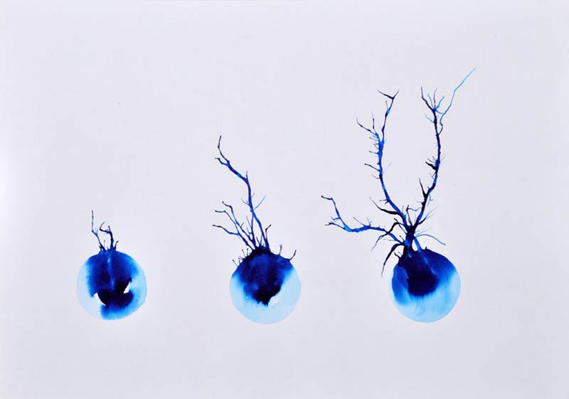 Artwork. White background. Blue droplets with branch like protrusions. 
