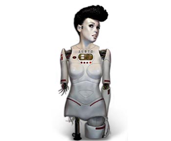 Rendering of a robotic body without legs and the lower half of her right arm and Janelle Monaé’s head.