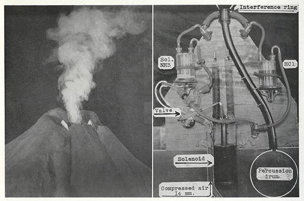 A black and white side by side of two images. On the left is a volcano spewing smoke, and on the right is a map of the interior of the same volcano.