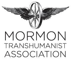 A black and white sketch of a wagon wheel with wings coming out of either side appears in a black and white logo of the Mormon Transhumanist Association