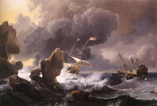 An oil painting of a Dutch colonial ship being tossed around by rough seas under a stormy sky.