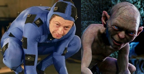 Andy Serkis in a motion capture suit alongside the CG character Gollum.
