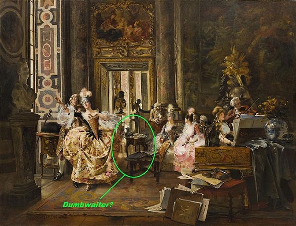 Historical painting of fancily dressed people seated around a finely decorated parlor. A table is circled in green with the text "Dumbwaiter?" below it.