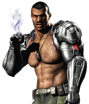 Rendering of a large muscular character with robotic arms and no shirt.