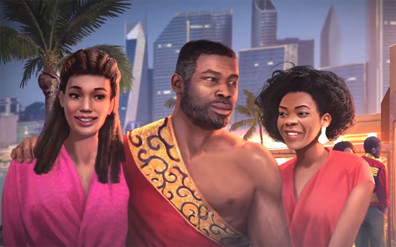 The Black Mortal Kombat character Jax is shown wearing a red and yellow garment that leaves one of his pecs exposed. He is flanked on either side by women. On his right, a white woman in a fuschia top, and on his right, a Black woman in an organe top. There is a skyline and a palm tree in the background.