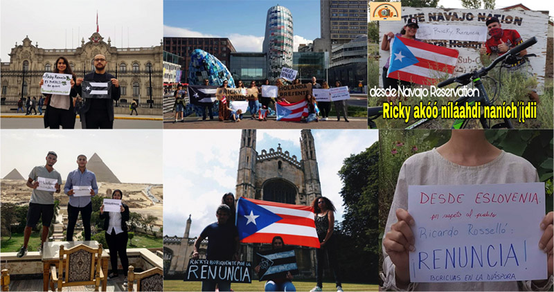 Six images of people from different countries holding up signs and Puerto Rico flags.