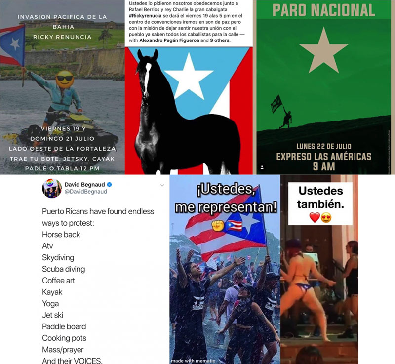 Posters from various Ricky Renuncia protests including an invasion of the bay, a protest on horseback, a national strike, and a reggaeton protest. One image reads "Puerto Ricans have found endless ways to protest: Horse back, ATV, skydiving, Scuba Diving, Coffee art, Kayak, Yoga, Jet ski, Paddle board, Cooking pots, Mass/prayer, and their VOICES."