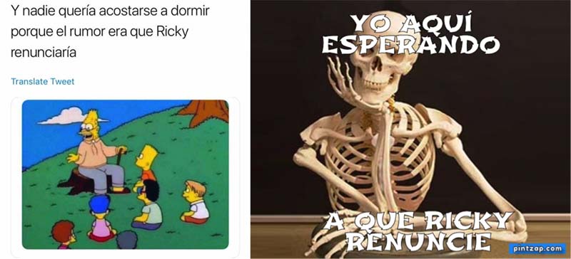 On the left, Grandpa Simpson tells a story to children on a hill, "And nobody wanted to go to bed because the rumor was that Ricky would resign. On the right, a skeleton says, "Me here, waiting for Ricky to resign."