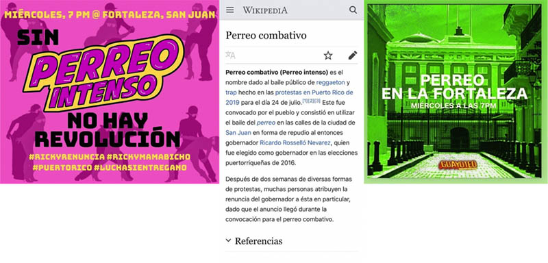 Images inviting participants to the Perreo Intenso/Combativo, and a Wikipedia article on the subject.